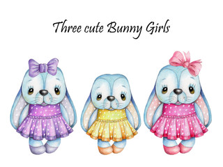 Watercolor illustration of three cute cartoon bunny girls. Hand drawn, isolated on white background.