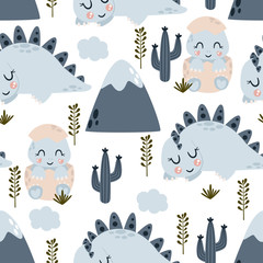 seamless pattern with little dinosaur and mountain - vector illustration, eps © Hanna
