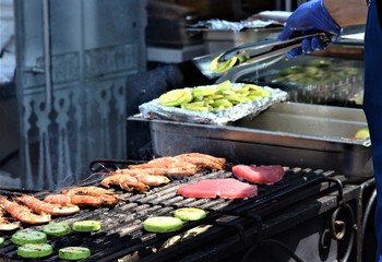 Delicious seafood fillets salmon adn tuna, clam, paello, burgers with shrimps, grill cabbage