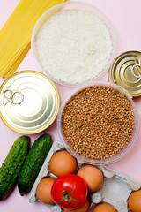 Food donations on a pink background