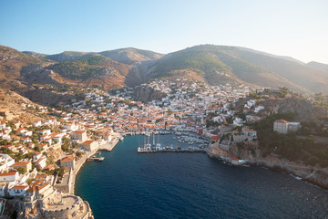 Aerial view of port of Hydra above the town.