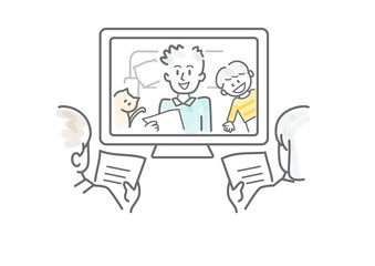 テレビ会議、TV会議、テレワーク、リモートワーク、在宅、在宅ワーク、家族、子供、息子、ペット