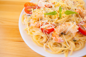 delicious Spaghetti pasta with prawns on  plate