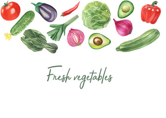 
Fresh vegetables. Watercolor set. Healthy food. Summer. Cucumber. Tomato. Cabbage. Pepper. Onion.