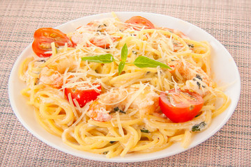 delicious Spaghetti pasta with prawns on  plate