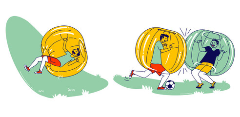 Boys Characters Having Fun Zorbing Recreation. Group of Teenagers Playing Soccer and Spending Time Outdoors inside of Zorb Balls. Summertime Activity Sport and Relax. Linear People Vector Illustration
