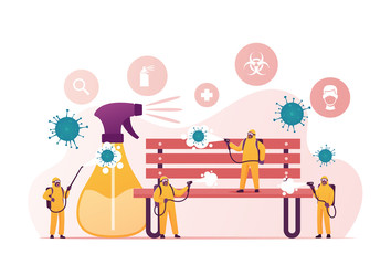 Fototapeta premium People in Hazmat Protective Suits Cleaning or Disinfecting Coronavirus Cells. Tiny Characters Spraying Disinfectant on Huge Bench in Park during Worldwide Covid19 Pandemic. Cartoon Vector Illustration