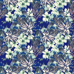 Aloe vera, cactus and orchids, seamless pattern.