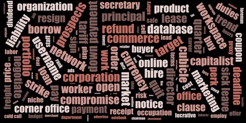 Typography concept, consisting of important words. Word cloud. Terms - business and office. Colors: shadow, outer space, manatee, gray, beaver.