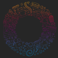 Vector pattern with cinema icons of movie theater, TV, popcorn, video clip.