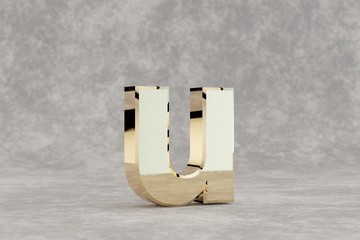 Gold 3d letter U lowercase. Glossy golden letter on concrete background. Metallic alphabet with studio light reflections. 3d rendered font character. © Whitebarbie