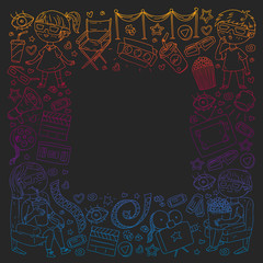 Vector pattern with cinema icons of movie theater, TV, popcorn, video clip.