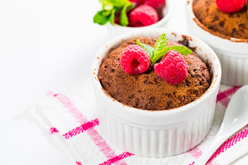 Mug Chocolate Cake. Instant Chocolate Cake in Portion Bowl. Selective focus.
