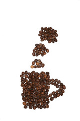 Cup of coffee from black coffee beans on a white background with coffee smoke