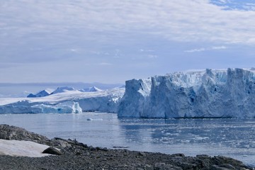 Obraz premium Glacier front with stone beach landscape in Antarctica, blue cloudy sky, Stonington Island