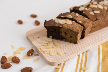 Home made banana bread for breakfast with coffee, juice and yoghurt