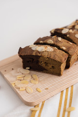 Home made banana bread for breakfast with coffee, juice and yoghurt