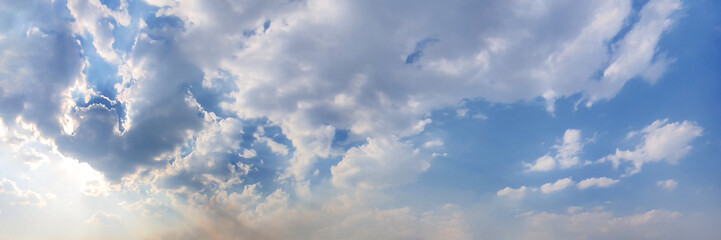 Panorama sky with cloud on a sunny day. Beautiful cirrus cloud. Panoramic image.