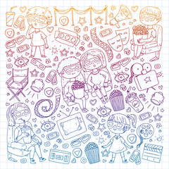 Vector pattern with cinema icons of movie theater, TV, popcorn, video clip.