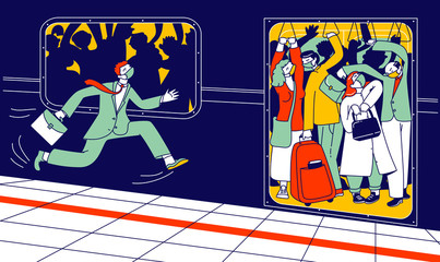 Man Character in Medical Mask Run in Subway Platform to Crowded Train in Rushtime. People Pushing Each Other in Full Metro at Station in Rush Hour. Covid19 Pandemic in City. Linear Vector Illustration