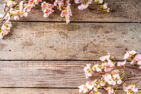 Spring flowering branch on wooden background. Apple or cherry blossoms on old rustic wood backdrop copy space