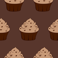 Tasty chocolate cupcake icon. Sweet dessert. Seamless pattern. Vector illustration