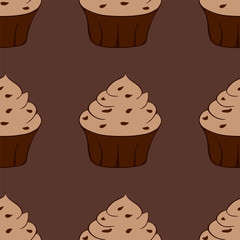 Tasty chocolate cupcake icon. Sweet dessert. Seamless pattern. Vector illustration