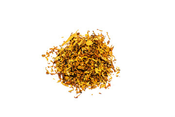A pile of dry Smoking tobacco on an isolated white background.