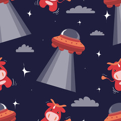 Seamless pattern of vector funny cute cartoon illustration of UFO with cute abduction red cow isolated on dark blue background. Design for t-shirt, greeting cards, parties, posters, cover and ets.