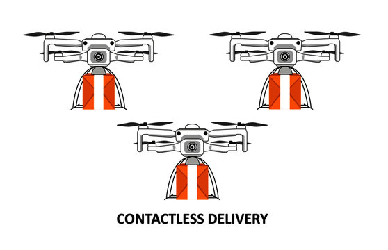 Quadrocopter and drone contactless delivery. 3 drons deliver carton boxes. COVID 19 and epidemic prevention concept. On-line shopping during quarantine. 