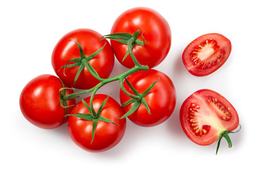 Tomatoes isolated. Tomato branch on white. Tomato with clipping path. Top view tomatoes. Tomato flat lay.