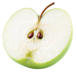 Green apple half with seeds and stem isolated on white background. Half of green apple fruit with clipping path. Full Depth of Field