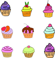 Various cakes on a white background. Sweets. Hand sketch. Isolated objects.