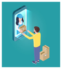 Online shopping, order, delivery isometric illustration. Stock vector. Mail worker gives parcels to a client via smartphone.