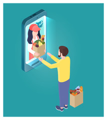 Online shopping, food order, delivery isometric illustration. Stock vector. Saleswoman delivers food packages to a buyer via smartphone.