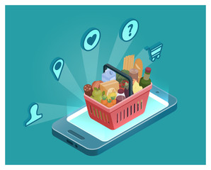 Isometric illustration of smartphone, red grocery basket with food and delivery service icons. Stock vector. Online shopping, food order, delivery concept.