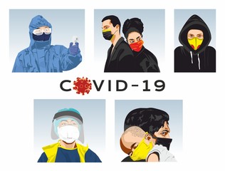 Grupa ludzi w maskach COVID 19. Lekarze w maskach 2020 grafika wektorowa . Walka z koronawirusem. - obrazy, fototapety, plakaty