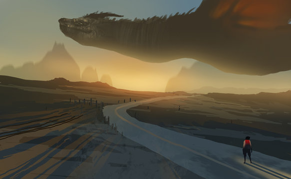 Digital illustration painting design style big dragon flying above a farm, against sunset.