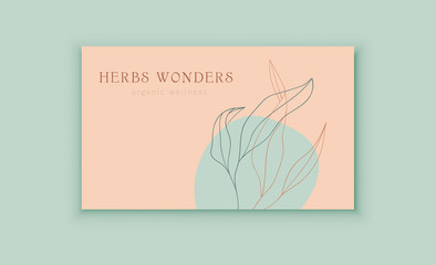 Business Card Template with Modern abstract shapes and line drawing leaves in trendy earthy hues. Vector Illustration