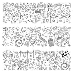 Vector pattern with cinema icons of movie theater, TV, popcorn, video clip. Kindergarten and school children watching movies.