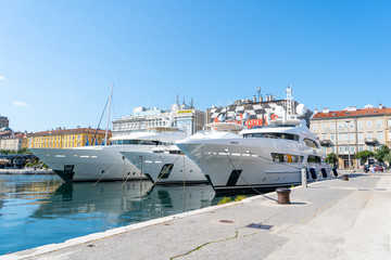 Naklejka premium Big yachts are parked in port of Rijeka in Croatia. June 2019