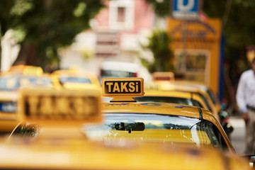 Cabs waiting for fares at a taxi rank in Istanbul