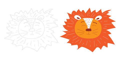 Cute icons of lion head outline. Savanna animal in doodle style isolated on white background. Stock illustration in flat style. Coloring book for adults and children. © Iuliia