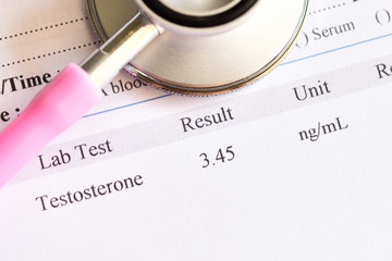 Normal testosterone hormone test result with stethoscope