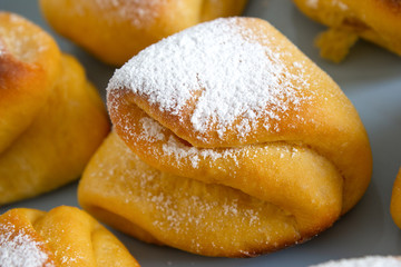Close-up bun sprinkled with powdered sugar.