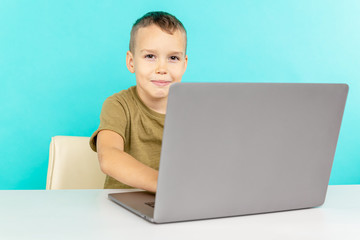 Online home learning concept. Boy sitting with computer and doing homework