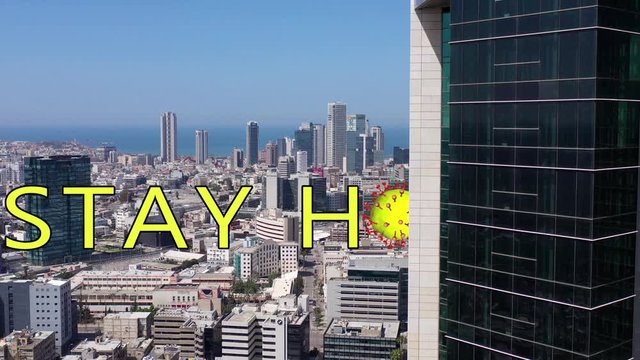 Coronavirus Covid-19 Stay home Title over Large city Skycrapers
Global health warning scare spreading infections concept digital composite.

