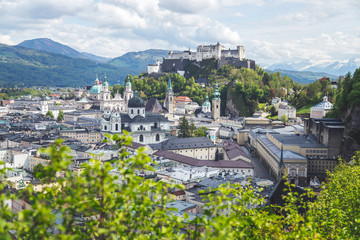 Salzburg summer time: Panoramic city landscape with Salzach and historic district