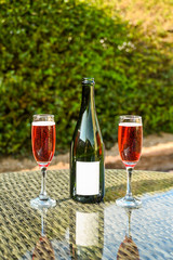 Two flute glasses of pink champagne and an opened champagne bottle with a blank label on a glass table top in a garden. Space for copy.