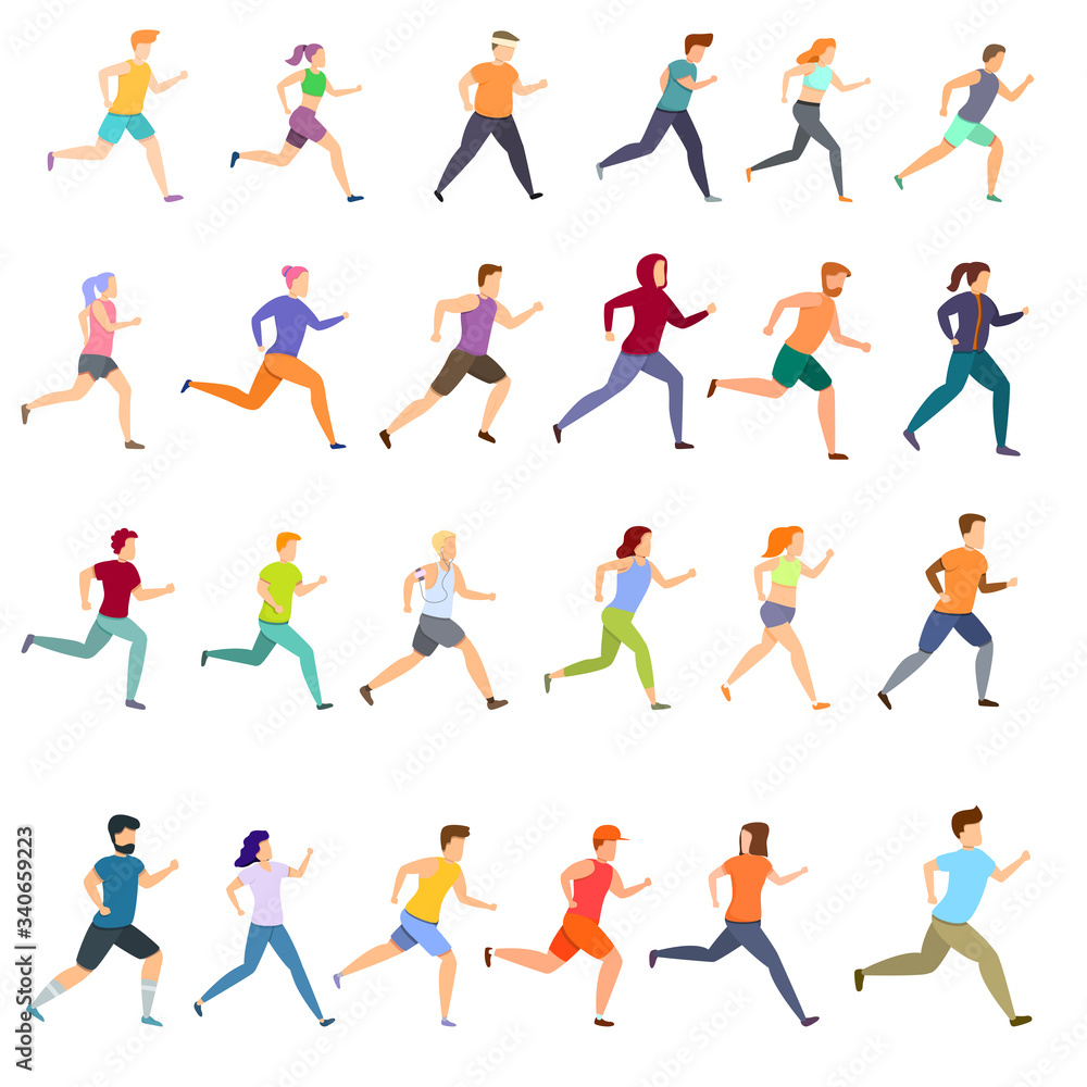 Poster running icons set. cartoon set of running vector icons for web design